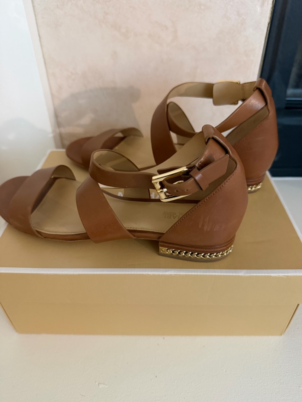 Michael Kors Sabrina Brown Leather Strappy Sandals with Gold Chain Accent - Picture 2 of 10